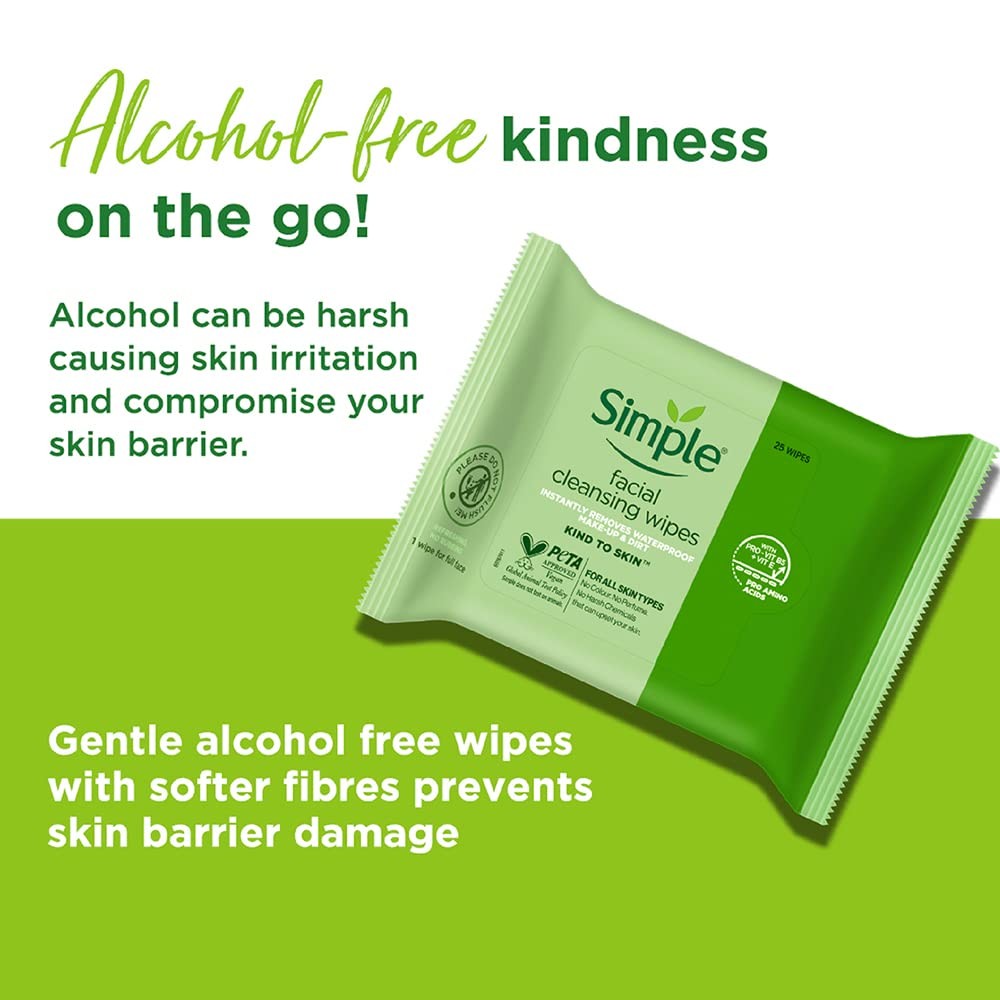 Six packs of Simple Kind to Skin Cleansing Facial Wipes, 25 count each, with soft, gentle wipes for facial skincare.