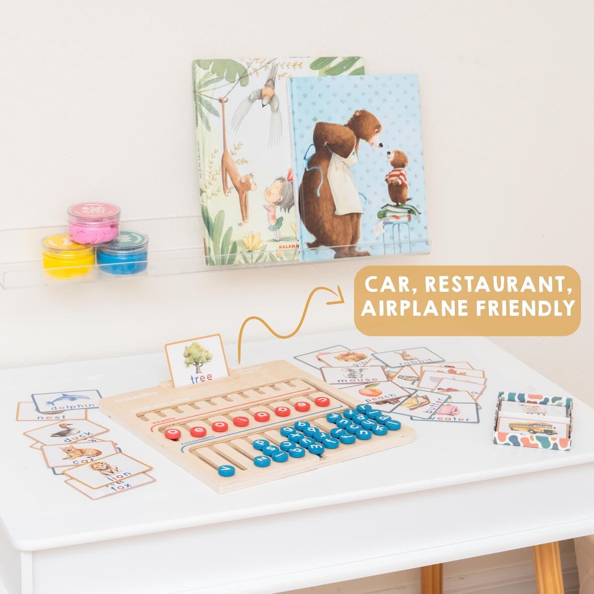 Wooden Montessori alphabet learning toy for 4-year-old kids, featuring colorful letters and natural wood finish by Tribetots.