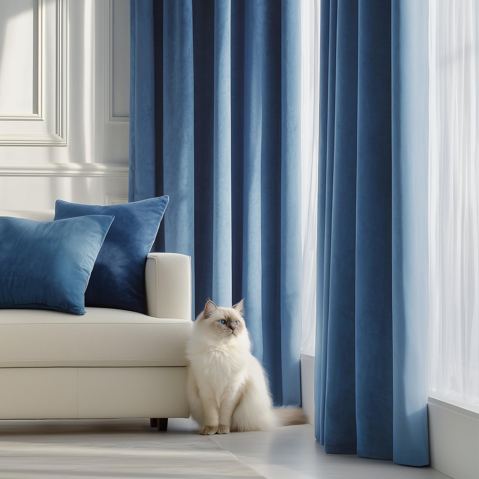 FMFUNCTEX velvet blackout curtains in blue, thermal insulated for bedroom privacy and light blocking, full-length window coverage.