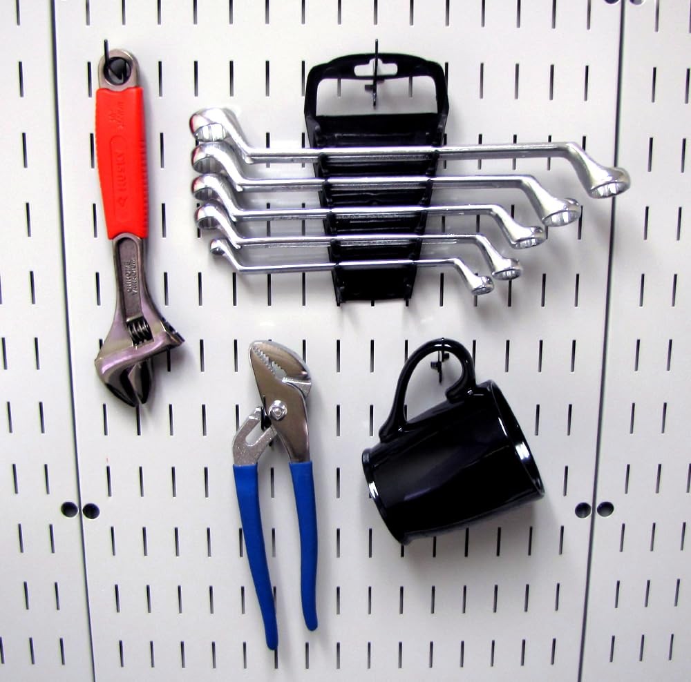 Wall Control black steel 52-piece metal hook assortment on tool board, showing various hooks for organizing tools and supplies.