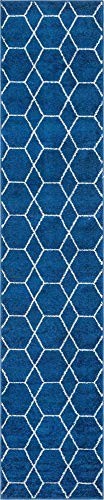 Navy geometric area rug from Unique Loom Trellis Frieze Collection, 2x10 runner with modern pattern and textured design.