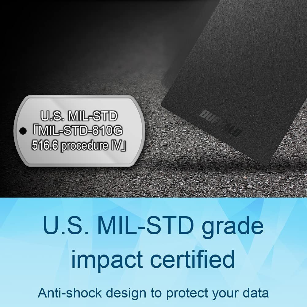 BUFFALO 1TB external SSD with USB-C and USB-A ports, compatible with PS4, PS5, Windows, and Mac devices.
