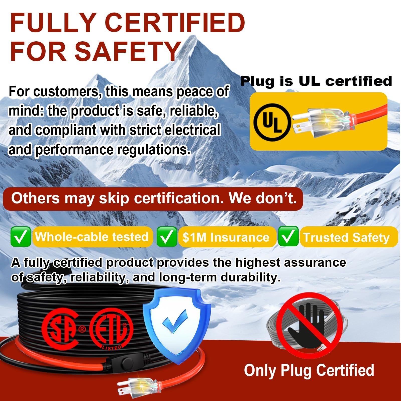 TOPDURE Pipe Heat Cable for water pipe freeze protection, energy-efficient, ETL certified, shown coiled around a water pipe.