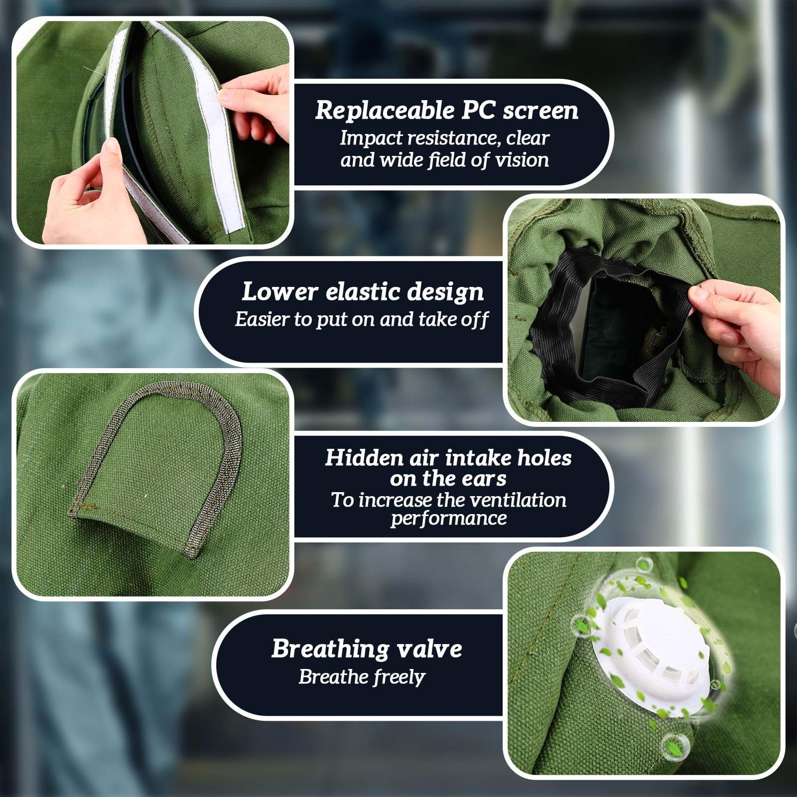 Jecery 11-pack sand blasting hood masks with replacement PC lenses and canvas shawl caps for safety and protection.
