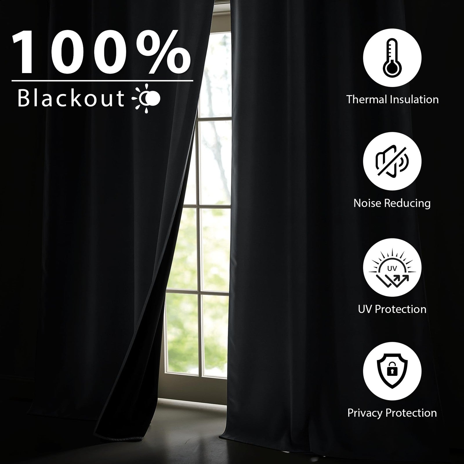NICETOWN grey blackout curtains, 52x84 inches, 2-panel thermal room darkening drapes hanging in a modern living room.