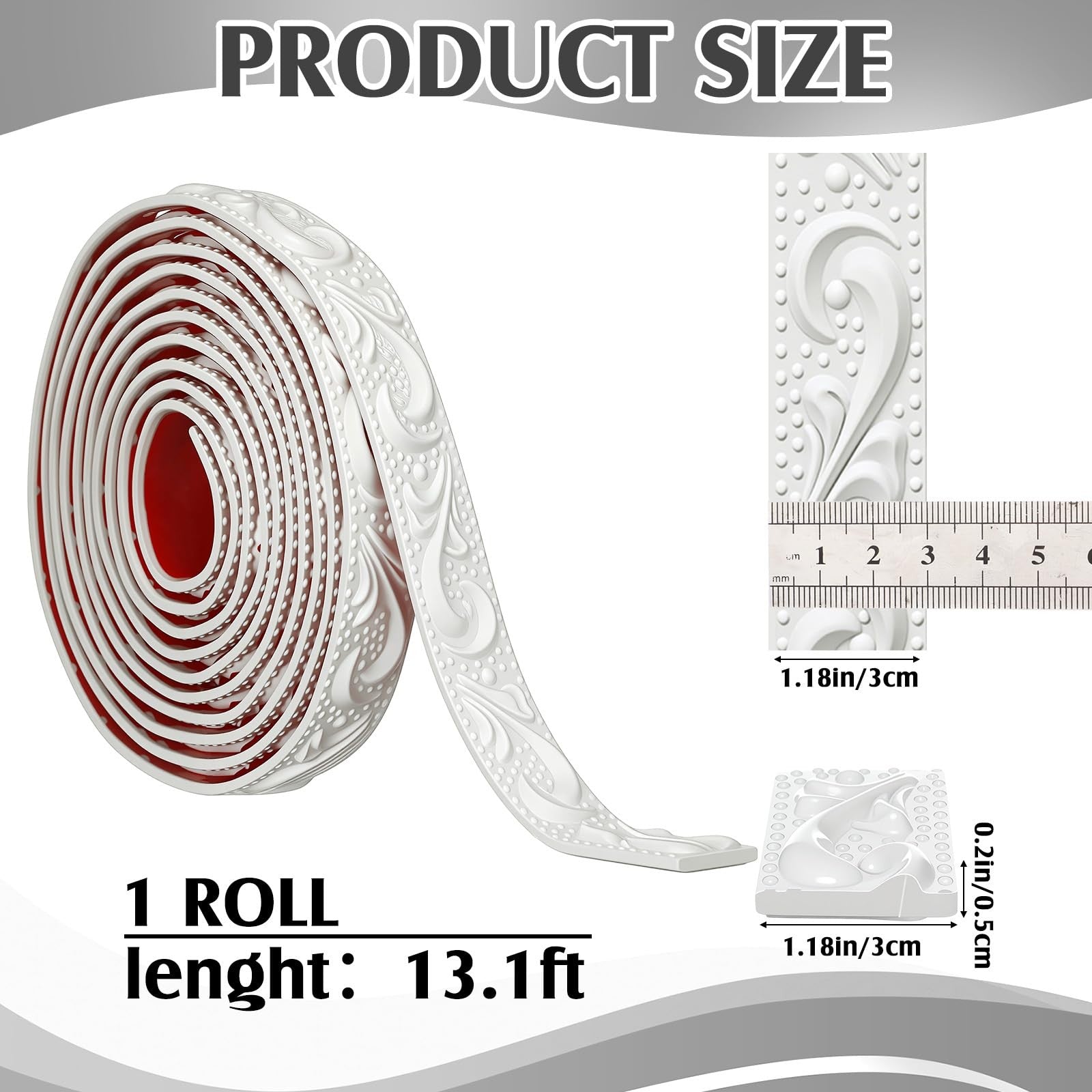 Sacubee peel and stick PVC crown molding trim, flexible 13.1 ft length, showcasing the textured surface and seamless installation.