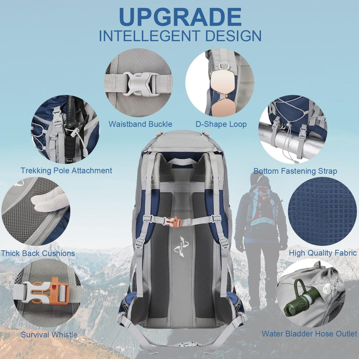 Nehor 60L water-resistant hiking and camping backpack with rain cover, large outdoor gear for trekking and outdoor adventures.