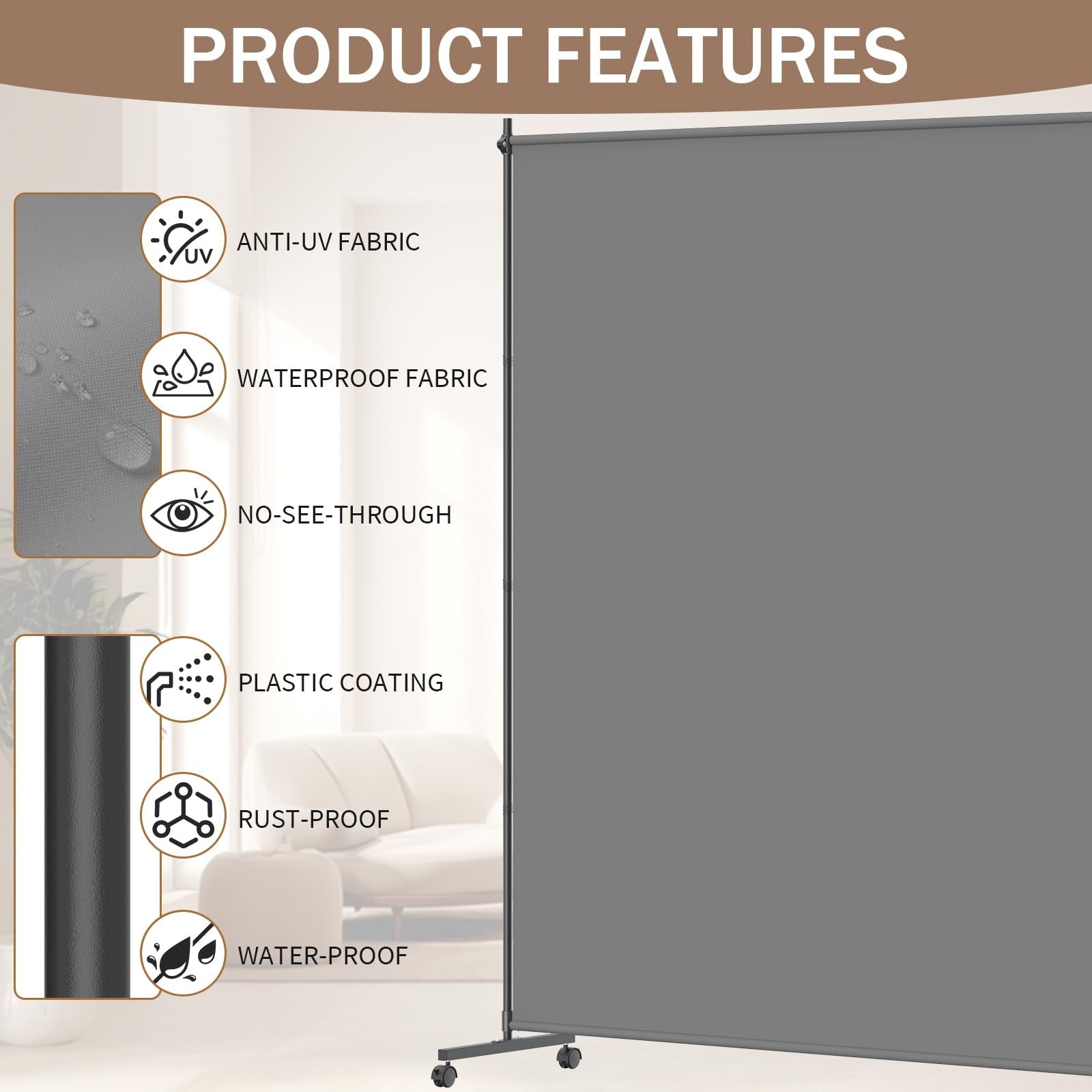 VAMFUTRE single panel room divider with caster wheels and brakes, lightweight privacy screen for home or office use.