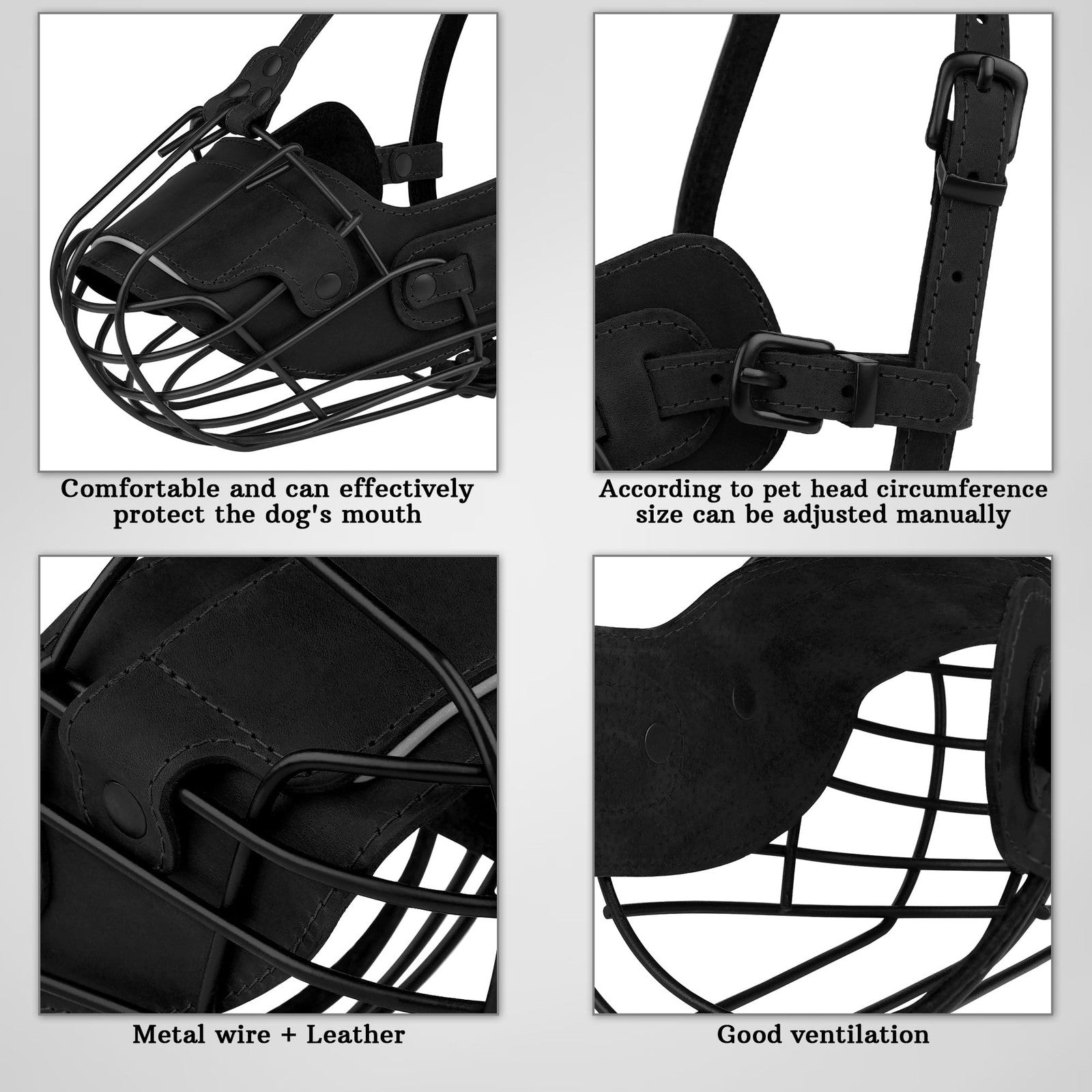 OOPSDOGGY Metal Pitbull dog muzzle with reflective leather strap and secure wire basket for safety and control.