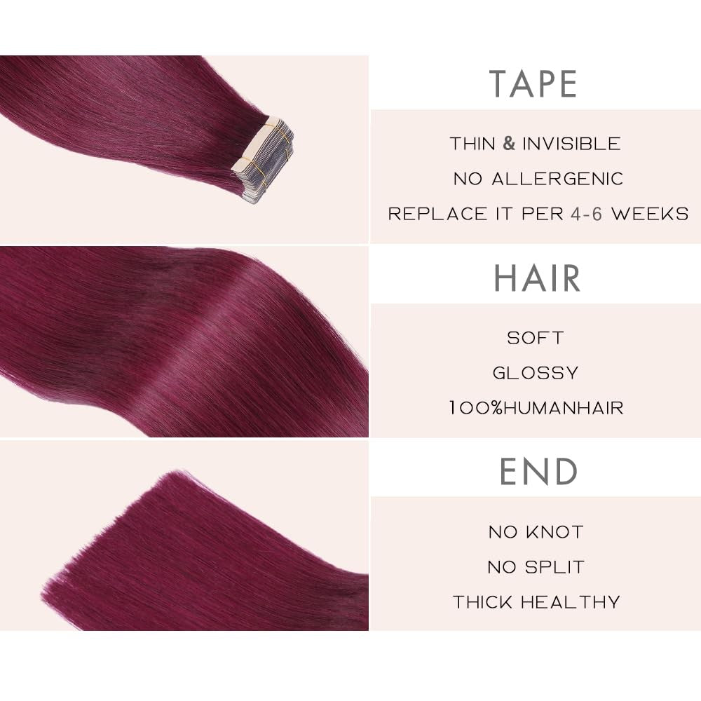 OBHD Burgundy tape-in human hair extensions, 20pcs, 16-inch Remy straight skin wefts displayed in the image.