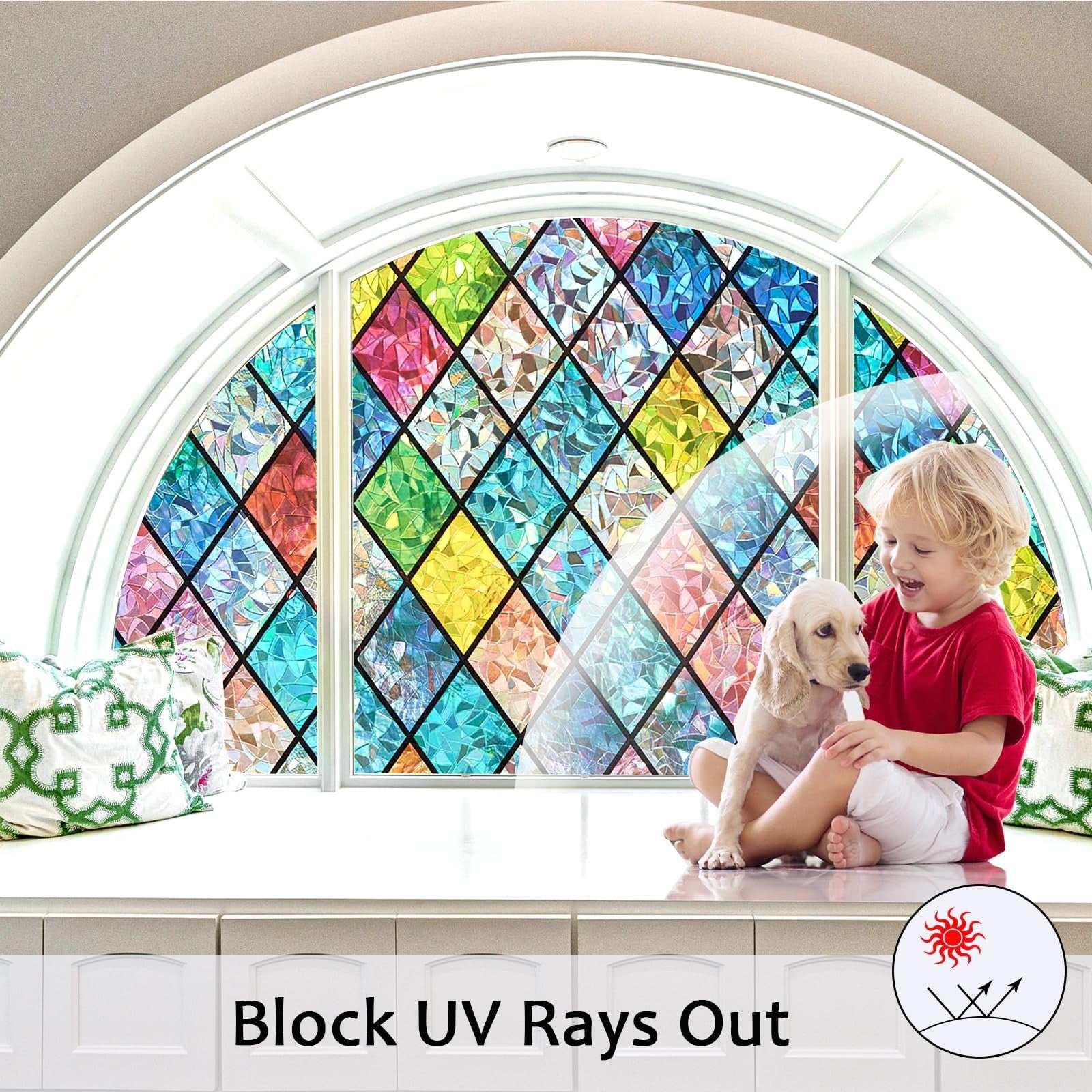 Bectosy stained glass window film featuring decorative static cling privacy film on clear glass, with colorful stained glass patterns.