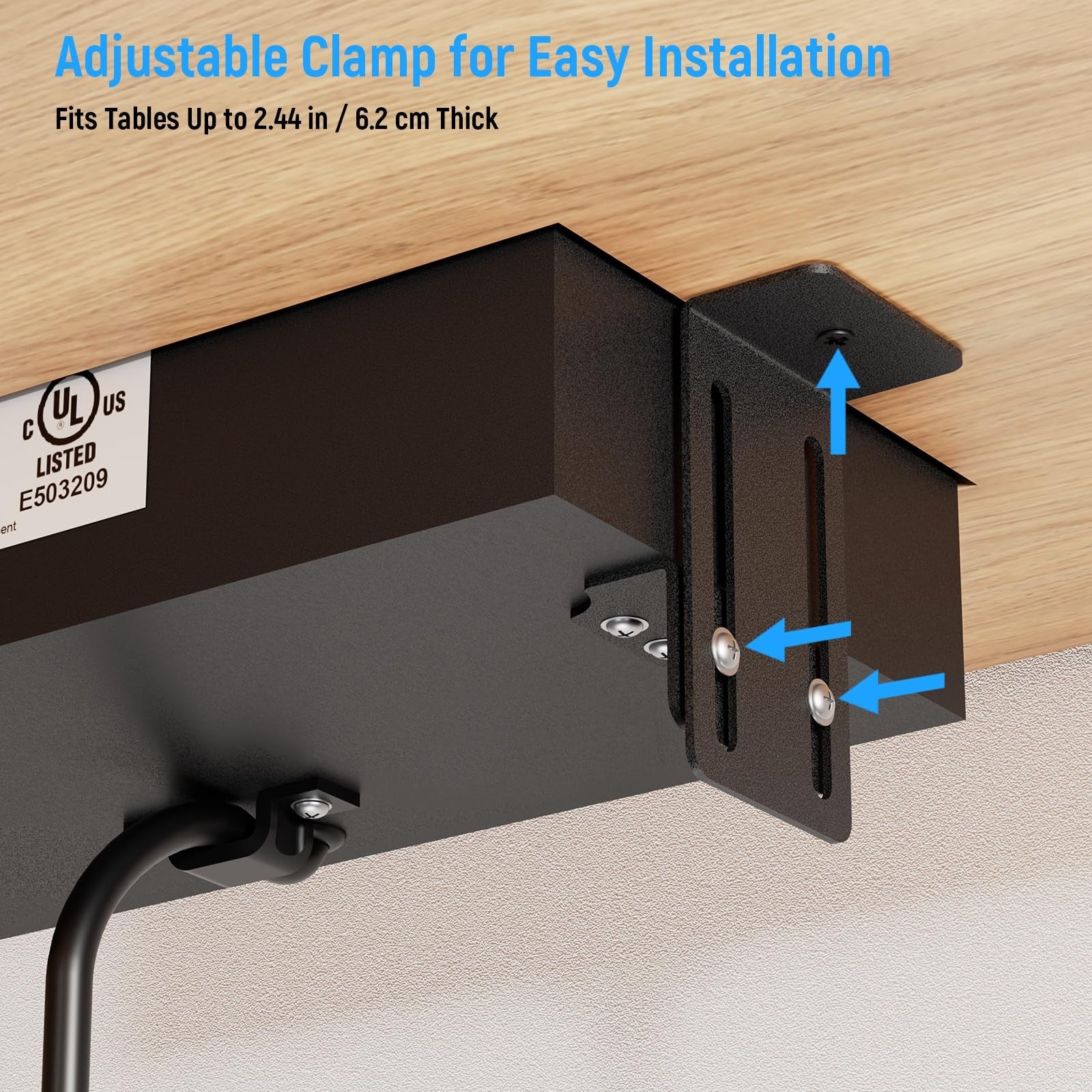 Sussex recessed power strip with pop-up design featuring 2 AC outlets, 2 USB-A ports, and 1 USB-C port for convenient charging.