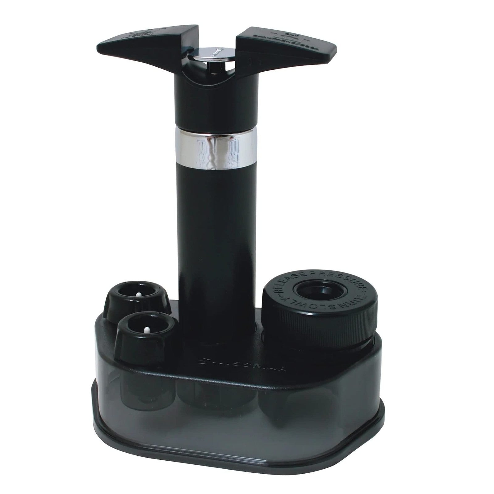 Swissmar Epivac vacuum pump wine and champagne saver set in black with two pump tools and vacuum stoppers on a white background.