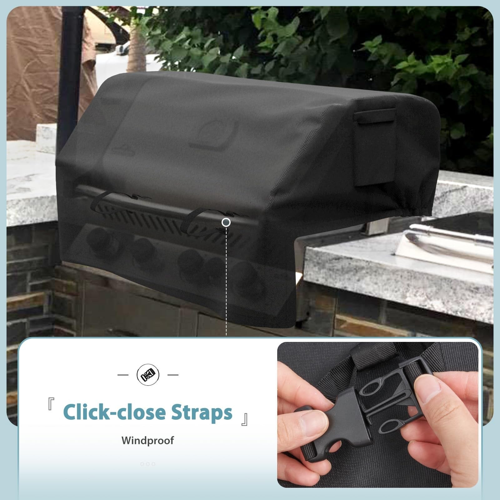 Shinestar 38-inch built-in grill cover for Coyote, DCS, Jenn-Air, KitchenAid, and Lynx outdoor grills on a modern patio.