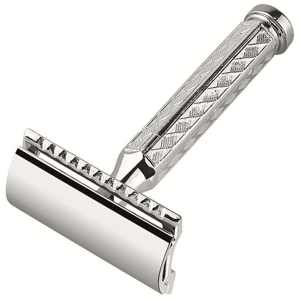 MERKUR 42C double edge safety razor with hexagonal handle and 3-piece design for a close shave.