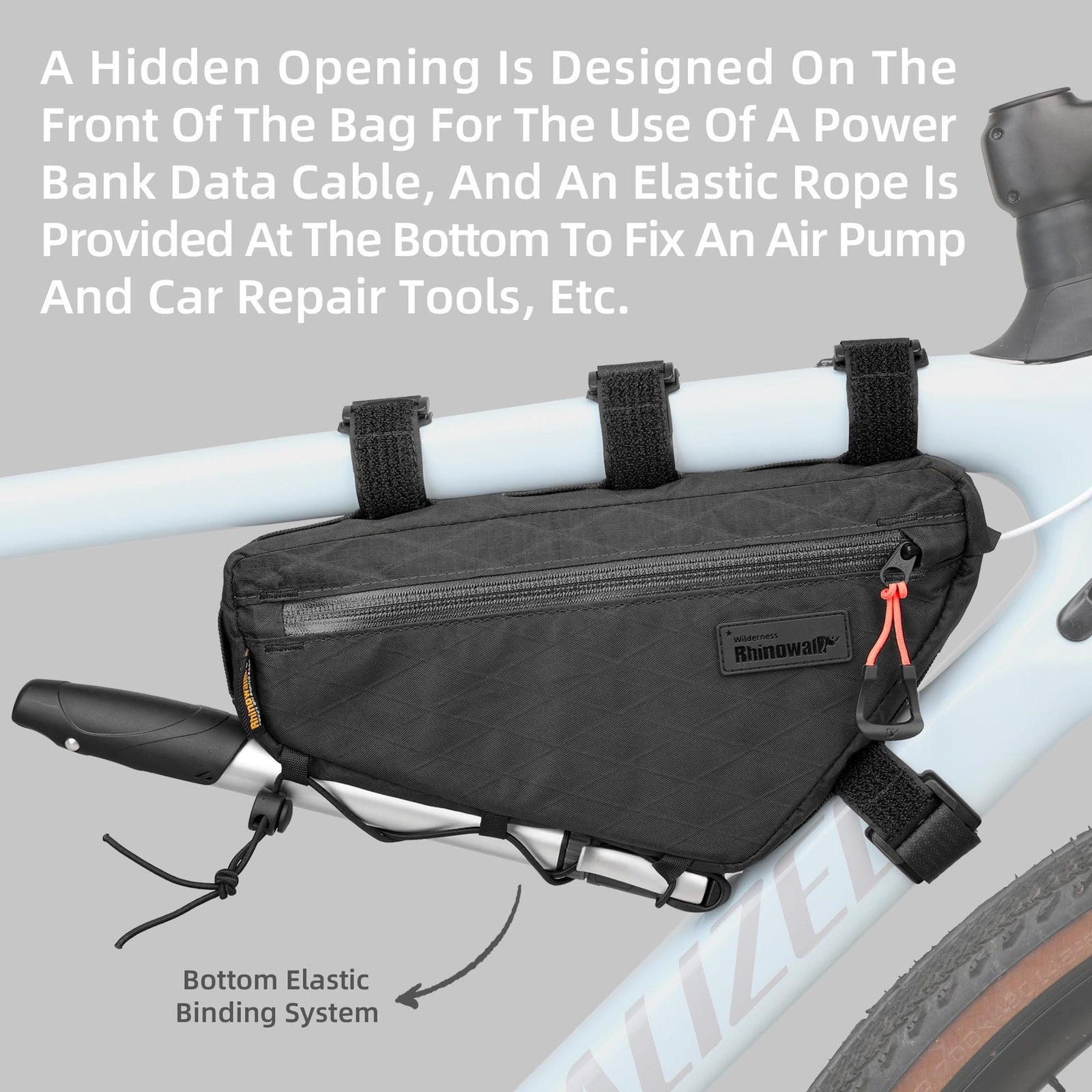 Rhinowalk waterproof bicycle frame bag with 1.7L capacity, nylon cycling accessory fitted on a mountain bike frame.