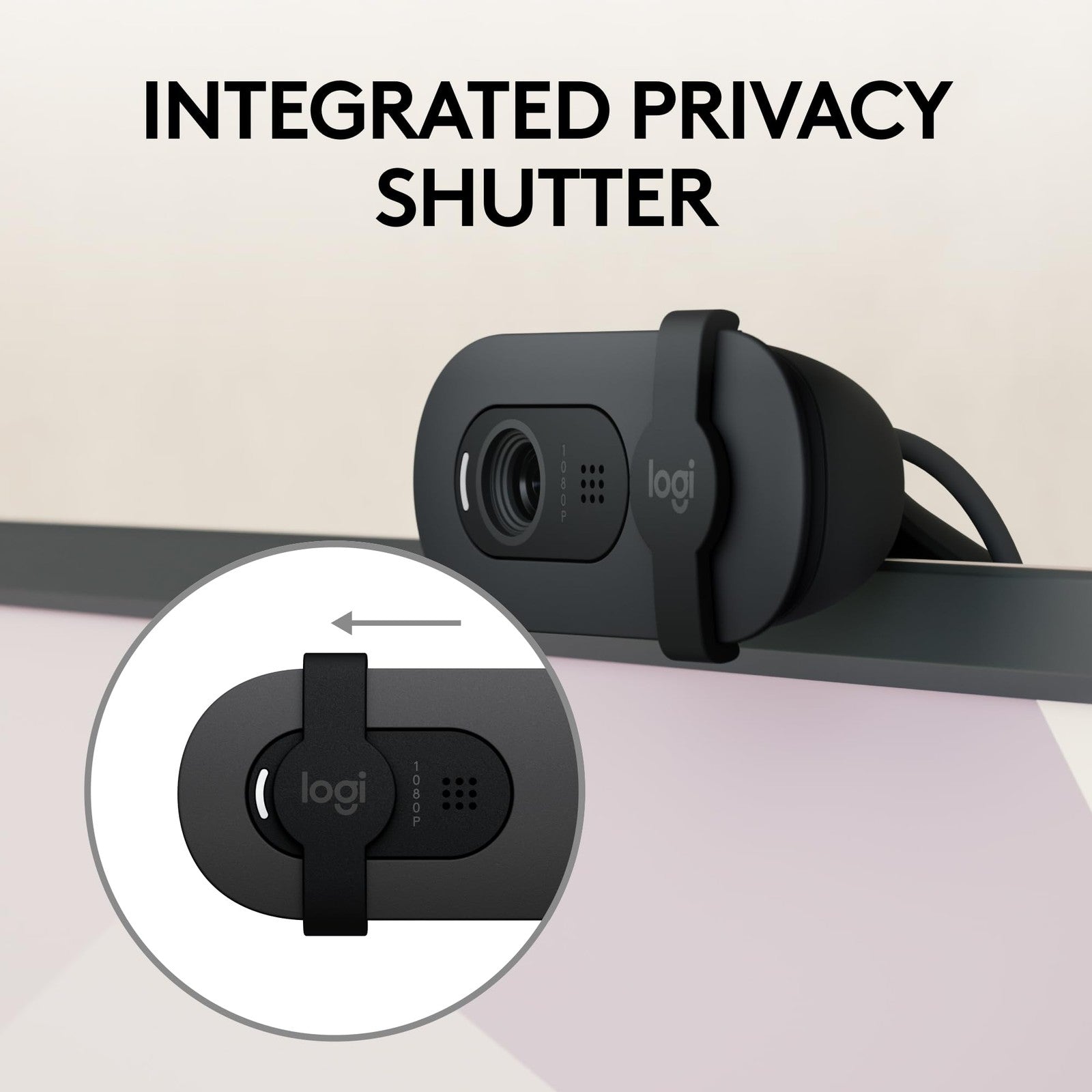 Logitech Brio 105 Full HD 1080p business webcam with auto-light balance, USB-A connection, shown on a desk setup.