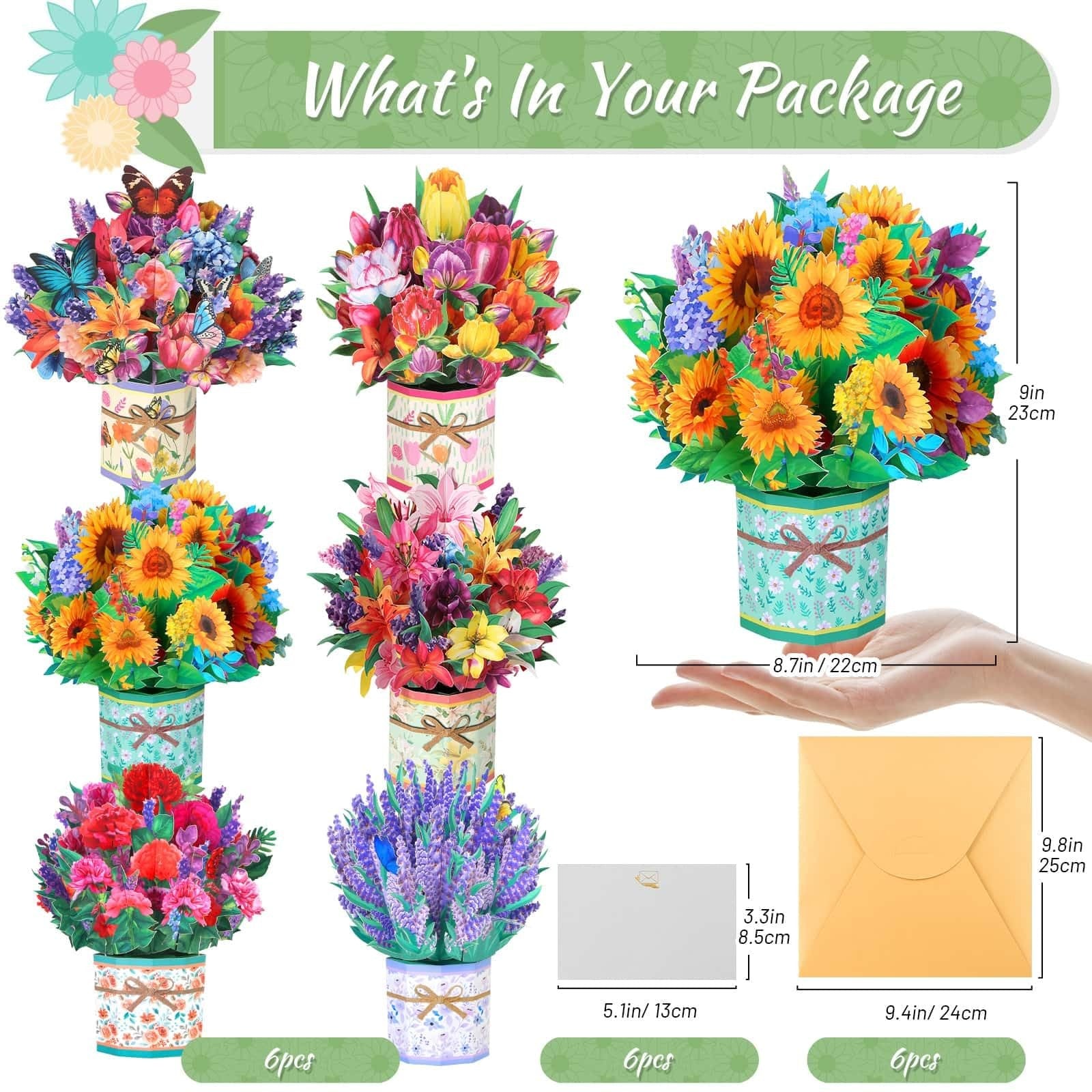 Six-pack of Caffox paper flower pop-up cards featuring 3D flower bouquets for greeting occasions, with vibrant floral designs.