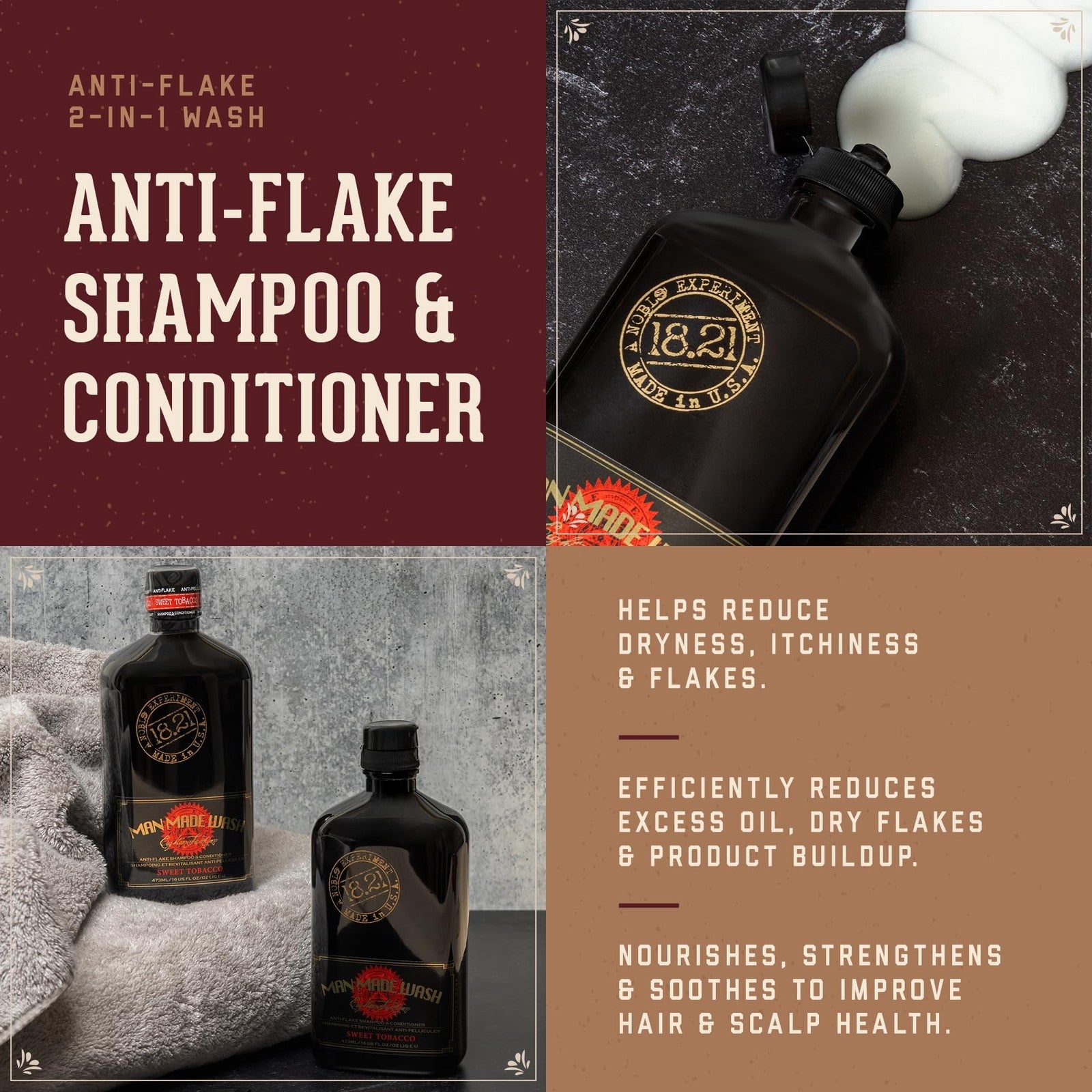 18.21 Man Made Anti-Flake 2-in-1 shampoo and conditioner bottle with Sweet Tobacco scent on a bathroom shelf.