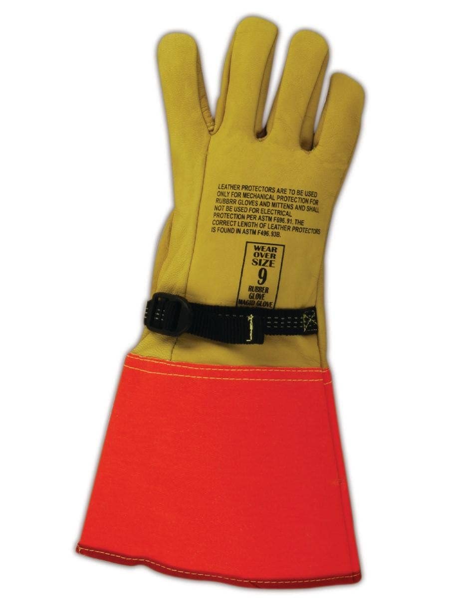Pair of Magid Leather Lineman Electrical Protector Work Gloves in size 9.5, showing durable black leather construction and reinforced cuffs.