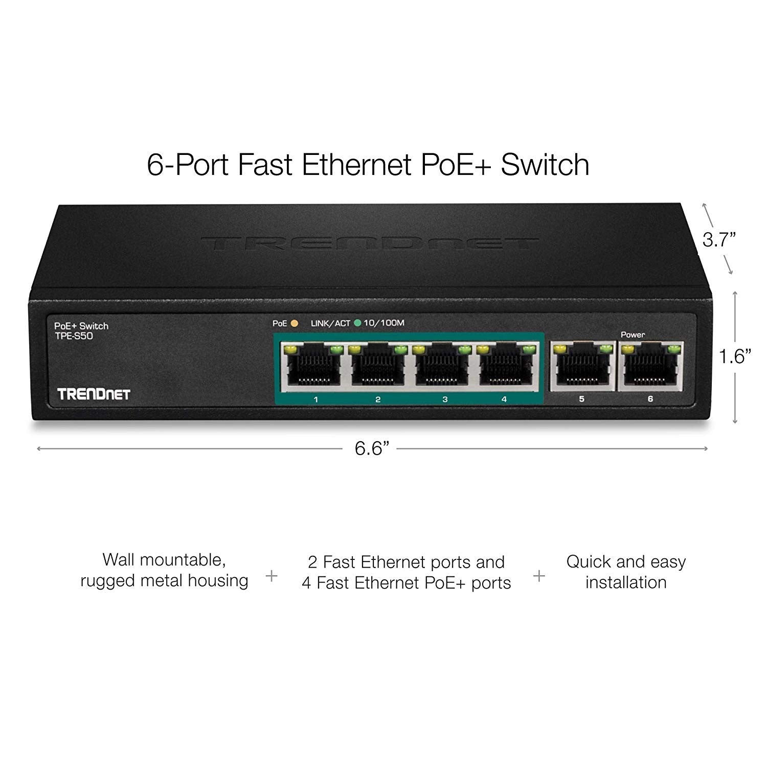 TRENDnet 6-port Fast Ethernet PoE+ switch TPE-S50 with NDAA compliance and 60W PoE power budget, showing ports and LED indicators.
