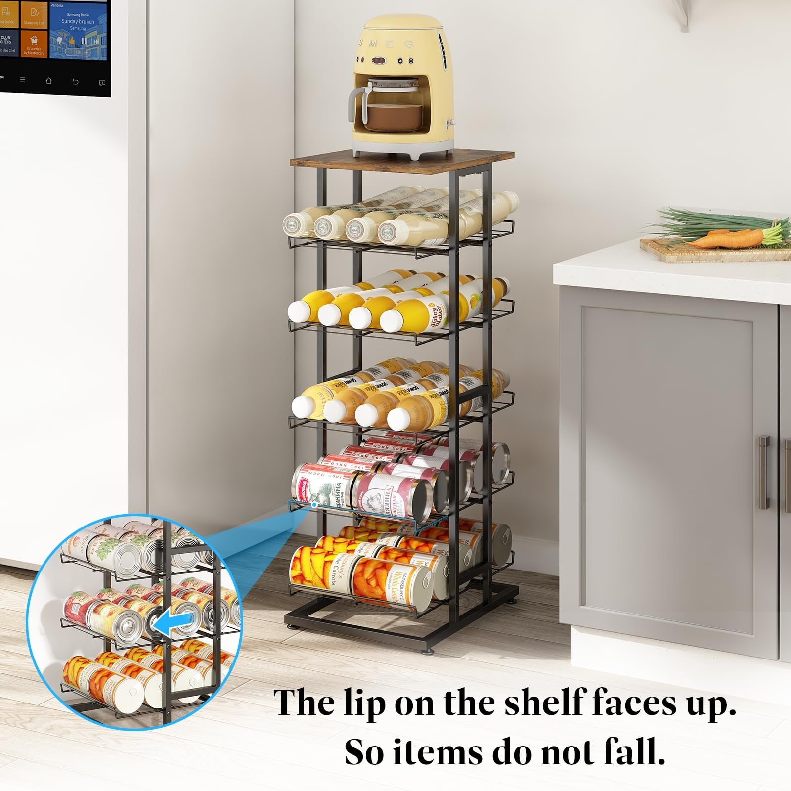 GILLAS tier water bottle storage unit with wooden tabletop and metal beverage caddy, showing multiple shelves and bottles.