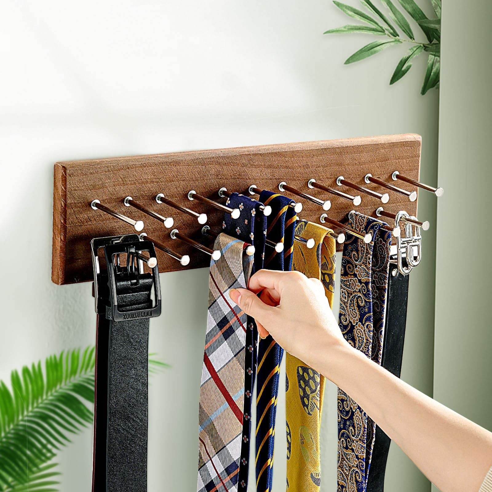 TreeHouse London tie rack organizer holding 40 large ties, solid wood with sturdy metal construction for stylish storage.