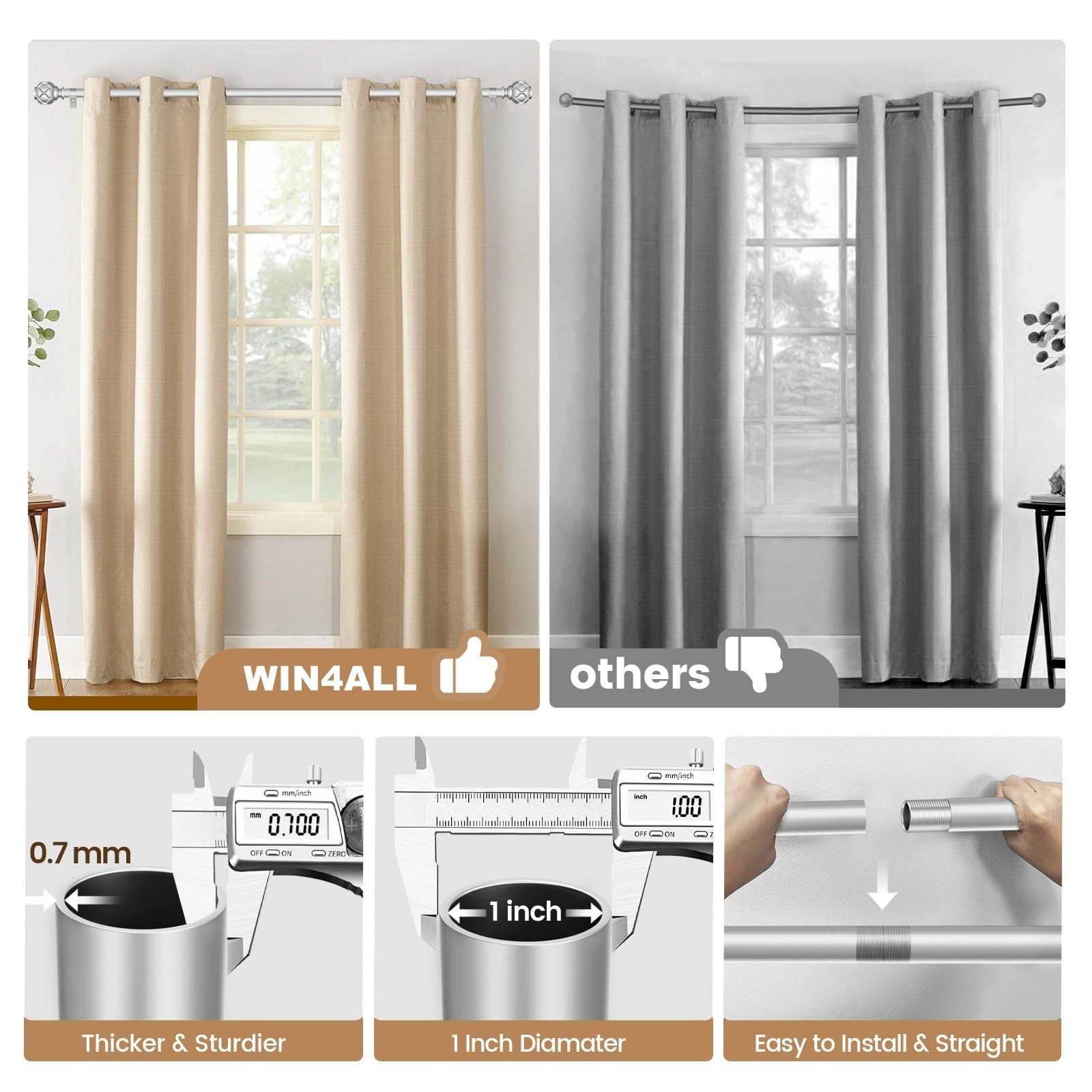 WIN4ALL 2-pack silver heavy-duty curtain rods, 28-48 inch length, with 1-inch diameter for windows.