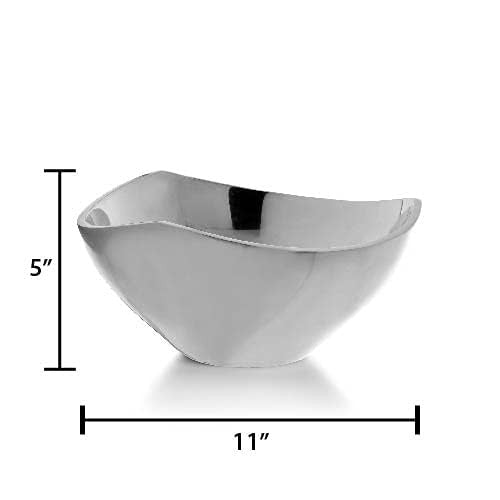 Large silver Nambe Tri-Corner Bowl made of metal alloy, ideal for serving sides with modern geometric design