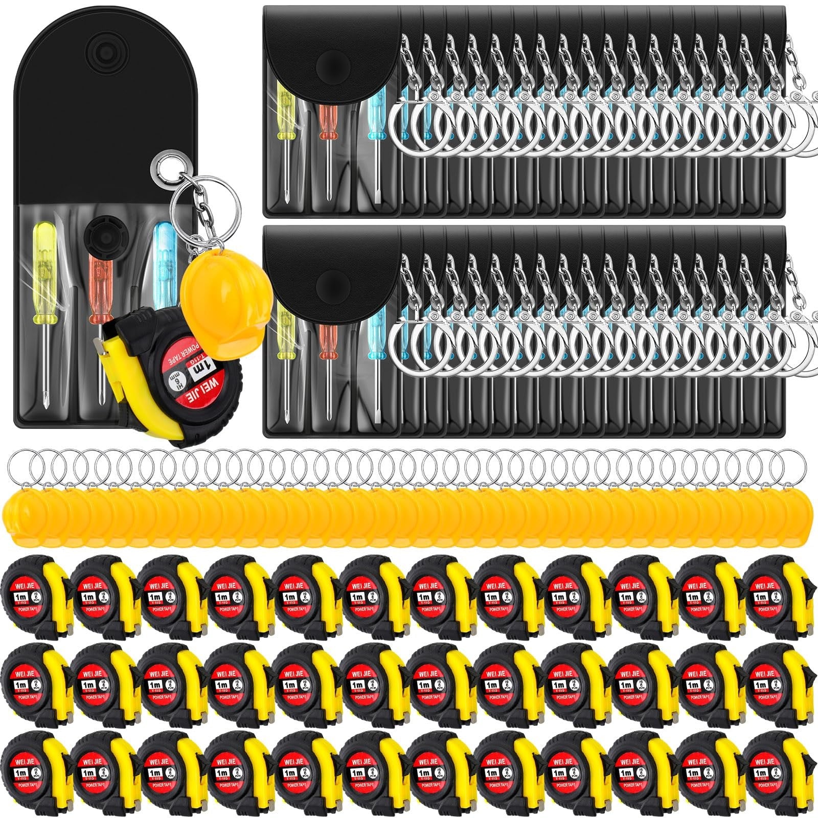 Jutom 72-piece mini tape measure and screwdriver set with construction helmet keychains, compact tools for DIY and crafts.