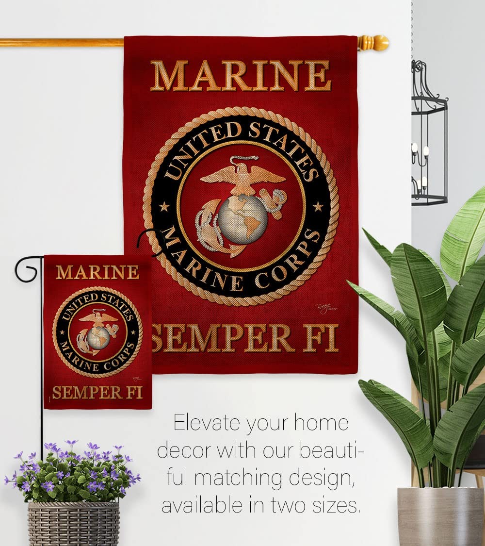 Marine Corps burlap garden flag featuring USMC emblem and patriotic design, displayed on a garden stand.