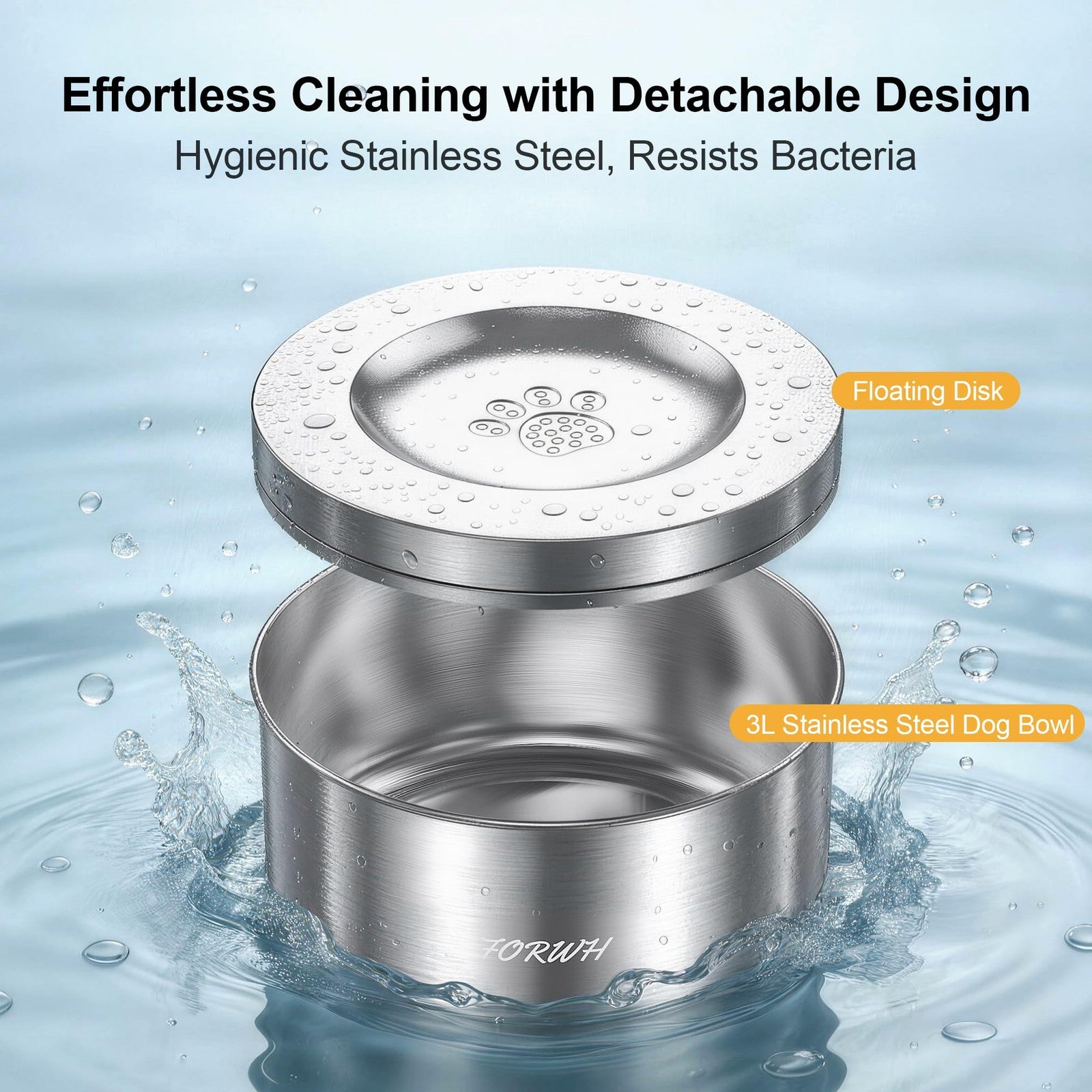 Large stainless steel FORWH dog water bowl with no spill design, 101oz capacity for pets, featuring wide base and durable construction.