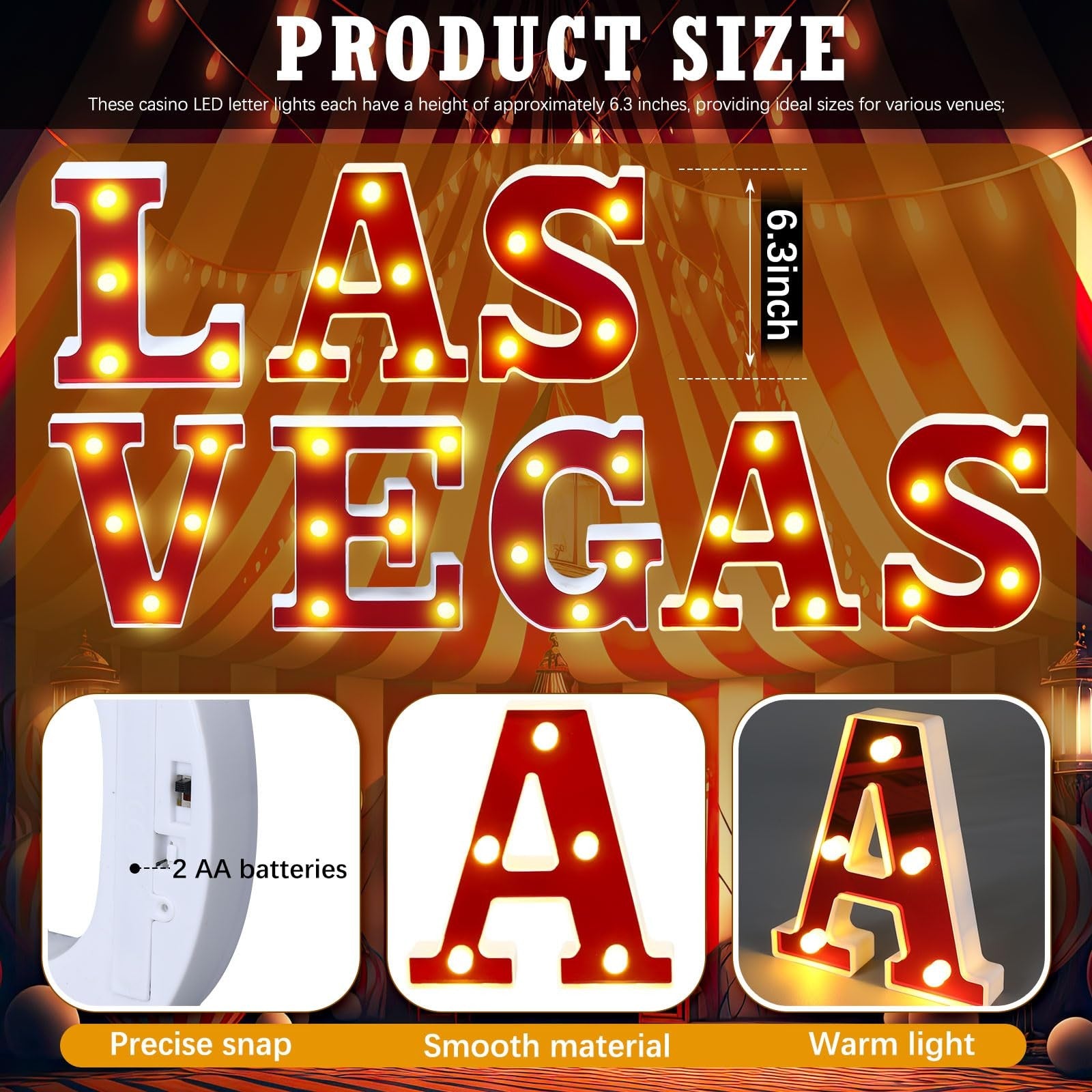 Aurelema Las Vegas 6.3-inch light-up letter sign with illuminated "Las Vegas" text, battery-powered party decoration.