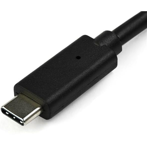 StarTech.com 4-Port USB-C Hub with two USB-A and two USB-C ports, showing a sleek black device connected to a laptop
