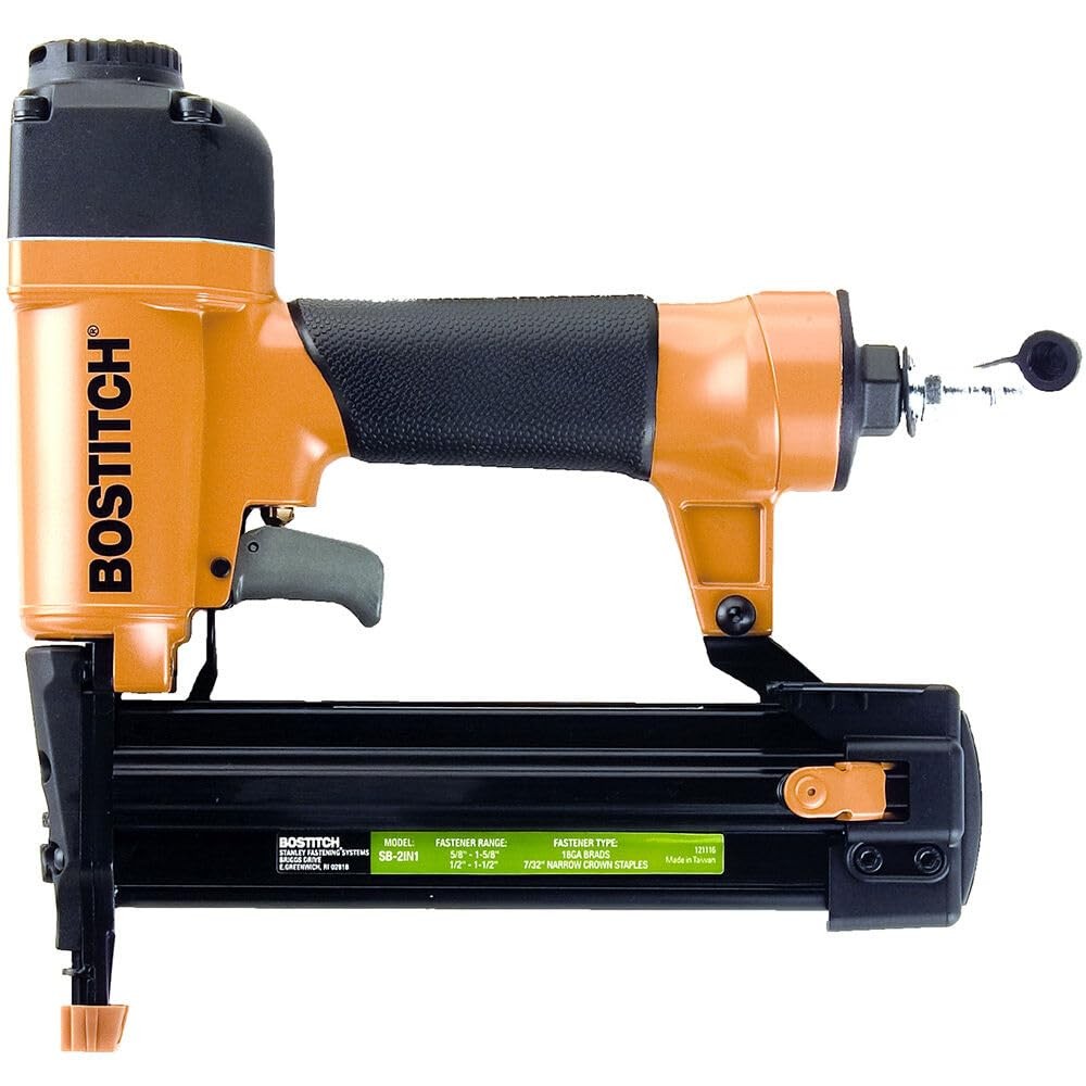Bostitch 18-gauge brad nailer and narrow crown stapler combo tool with ergonomic handle and metal finish, suitable for finishing projects.