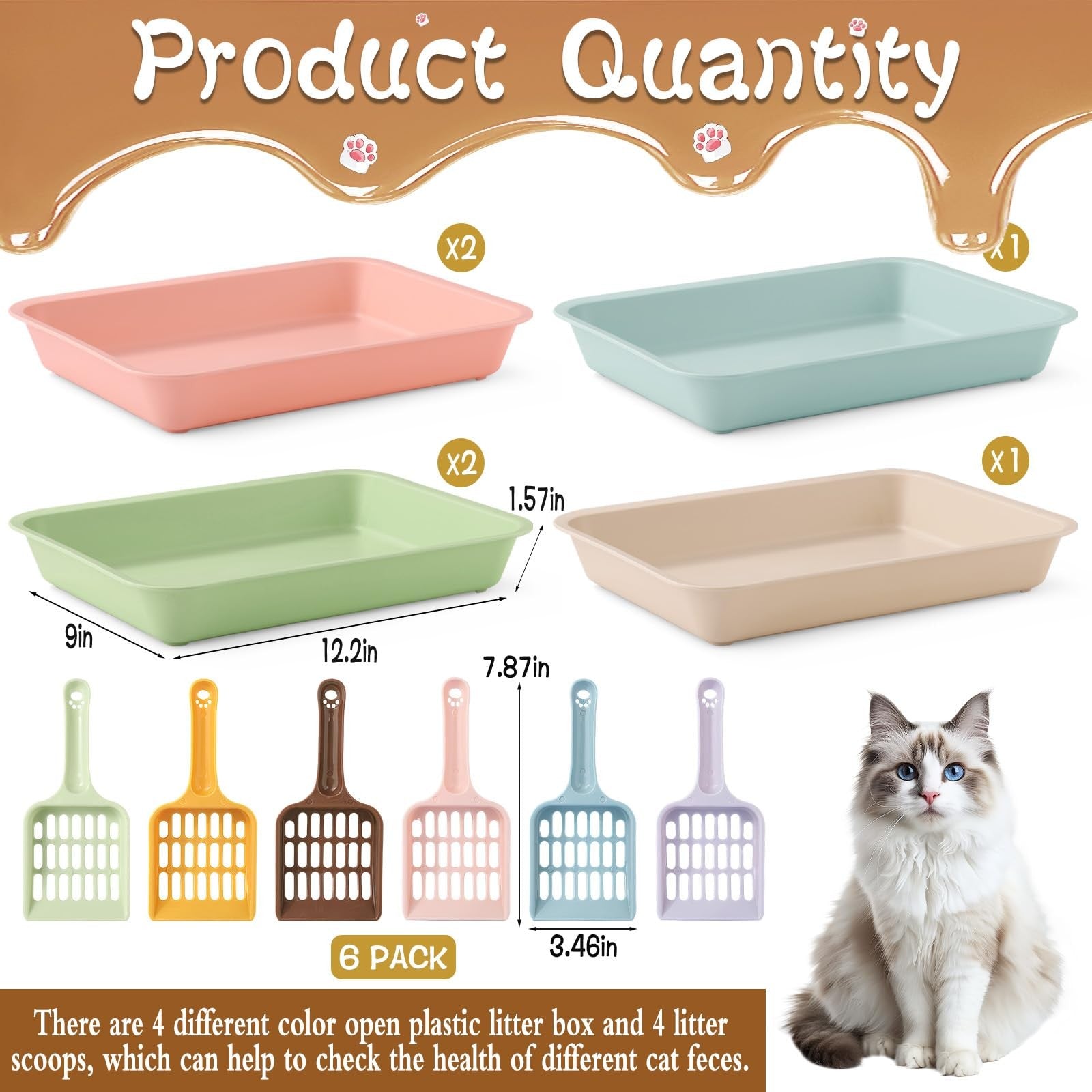 Six CIEOVO kitten small litter box set with color plastic litter pans and six scoops for easy cleaning and litter management.