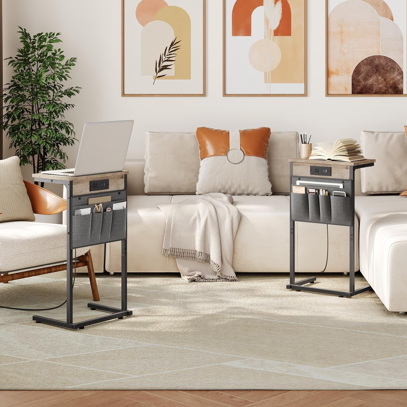 HOOBRO C-shaped end table with built-in charging station, 28-inch tall couch table for convenient bedside or sofa use.