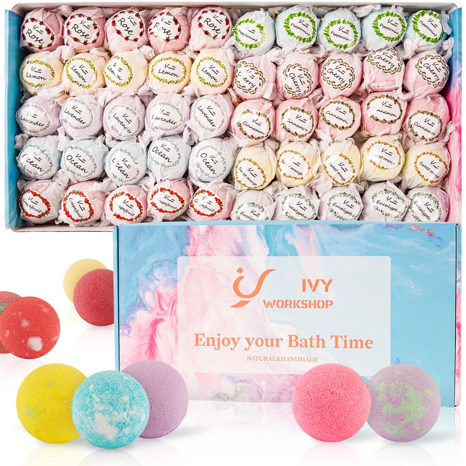 Set of 10 IvyWorkshop organic bath bombs for women, natural bubble bath bombs in a gift set, 50 pieces total.