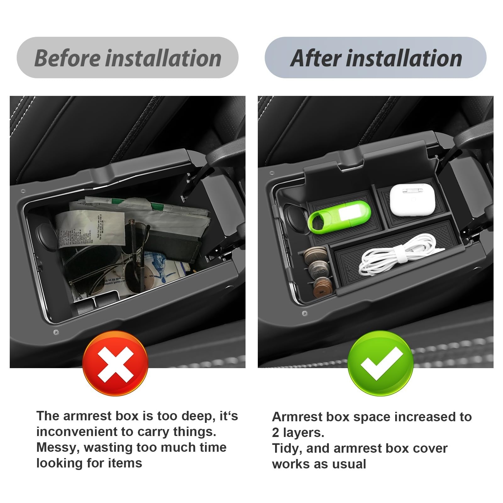 SKTU 3-piece Mustang center console organizer for 2024-2026 Ford Mustang, showing the sleek black design and interior fitment.