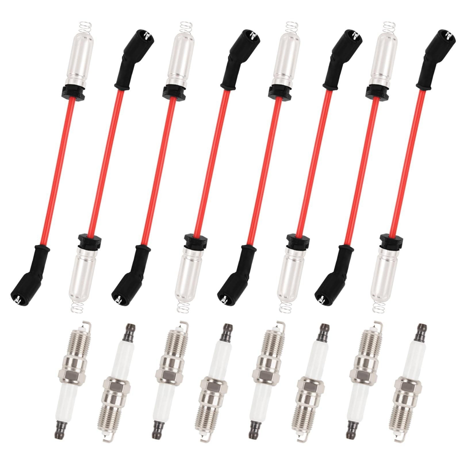 Ntoauto 9748HH 10mm spark plug wires with heat shields and 41-962 iridium platinum spark plug installed in a vehicle engine.