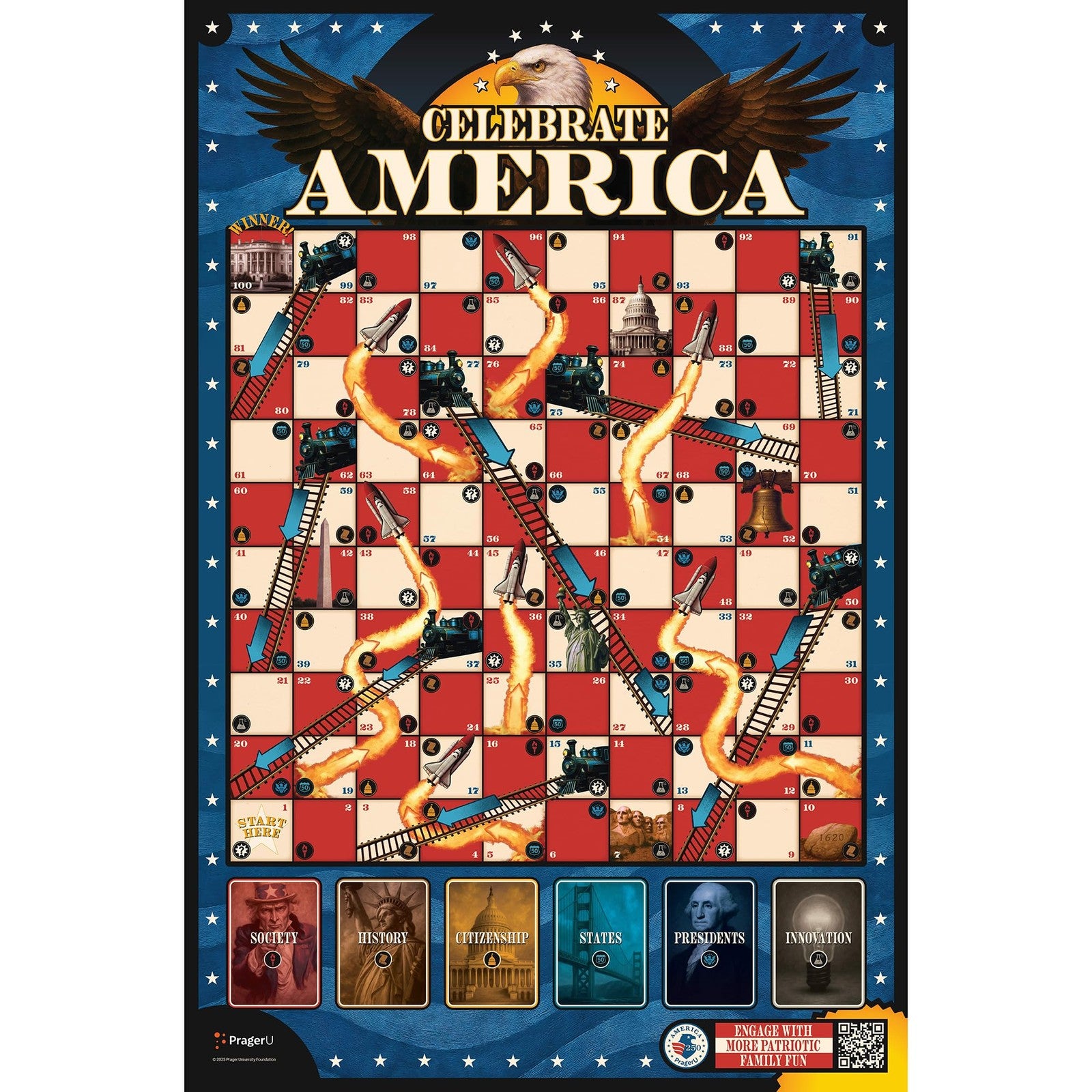 PragerU Celebrate America Race to The White House board game featuring USA trivia and patriotic game pieces.