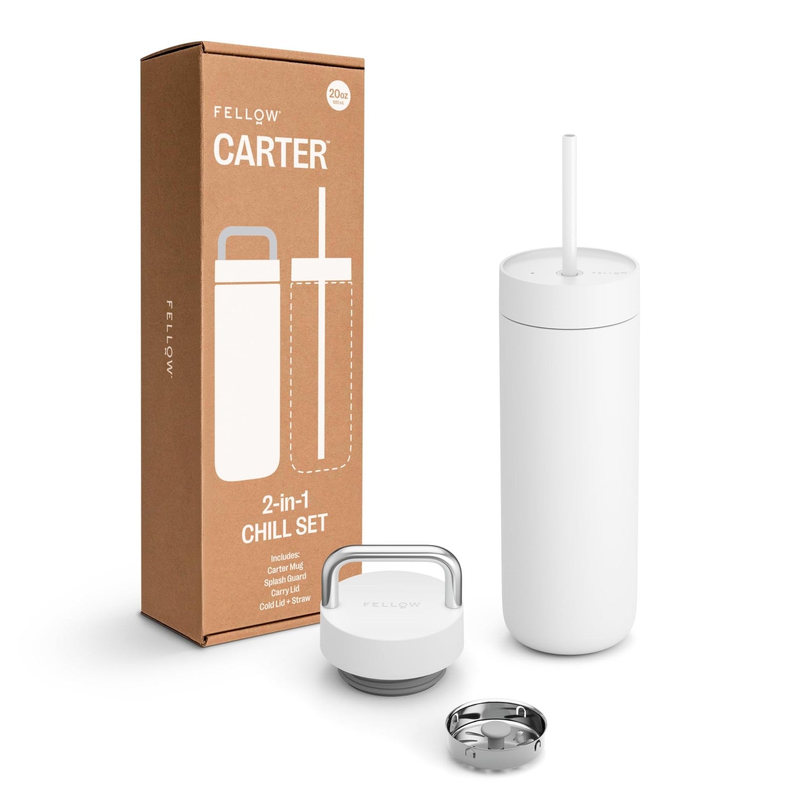 Fellow 20 oz Carter water bottle with leak-proof lid, metal handle, and sleek stainless steel design for hydration on the go.