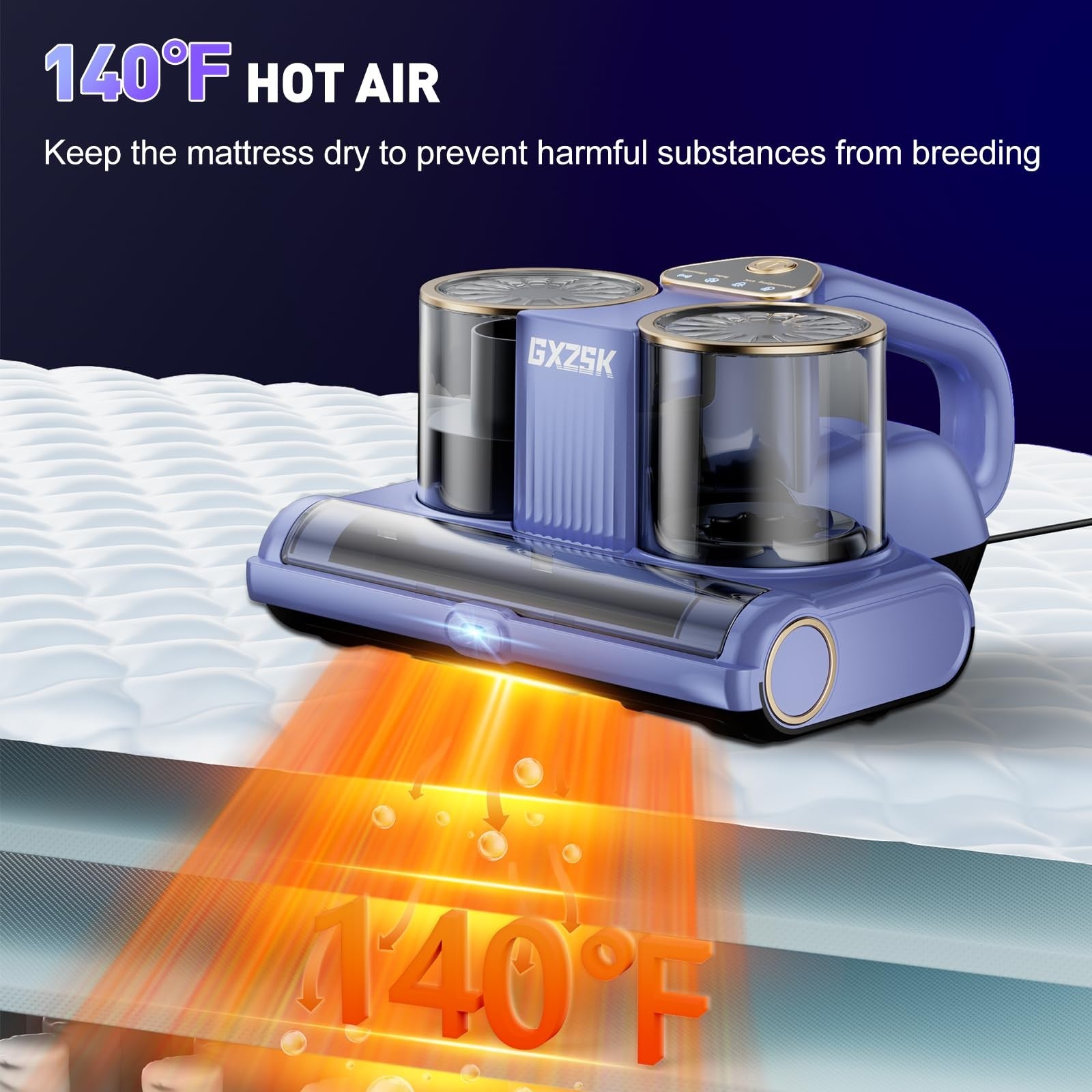 Gxzsk 16kPa mattress vacuum cleaner with UV-C light, ultrasonic technology, and 140℉ heating for deep cleaning and sanitizing.