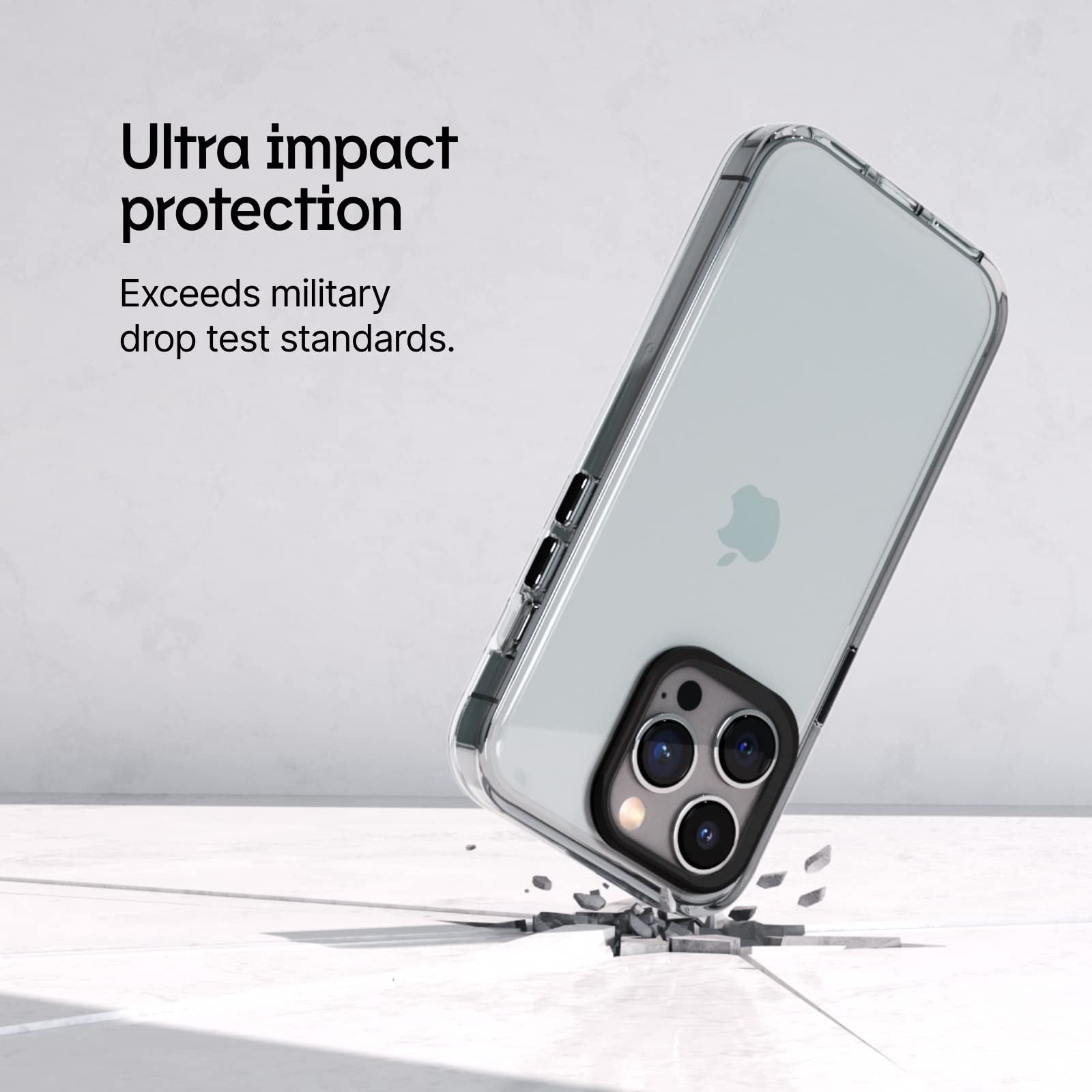 RhinoShield Clear iPhone 15 Pro Max case with MagSafe, showing transparent design and reinforced corners for 10ft drop protection.