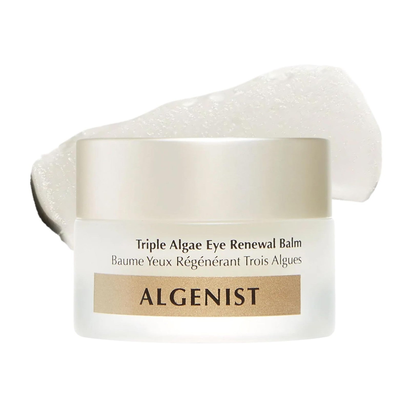 Algenist Triple Algae Eye Renewal Balm in a jar, showcasing the hydrating vegan eye cream with caffeine and peptides.