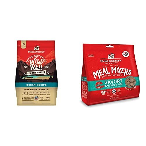 Stella & Chewy's Wild Red Raw Coated Kibble Dry Dog Food with wholesome grains and ocean-inspired ingredients in a bag.