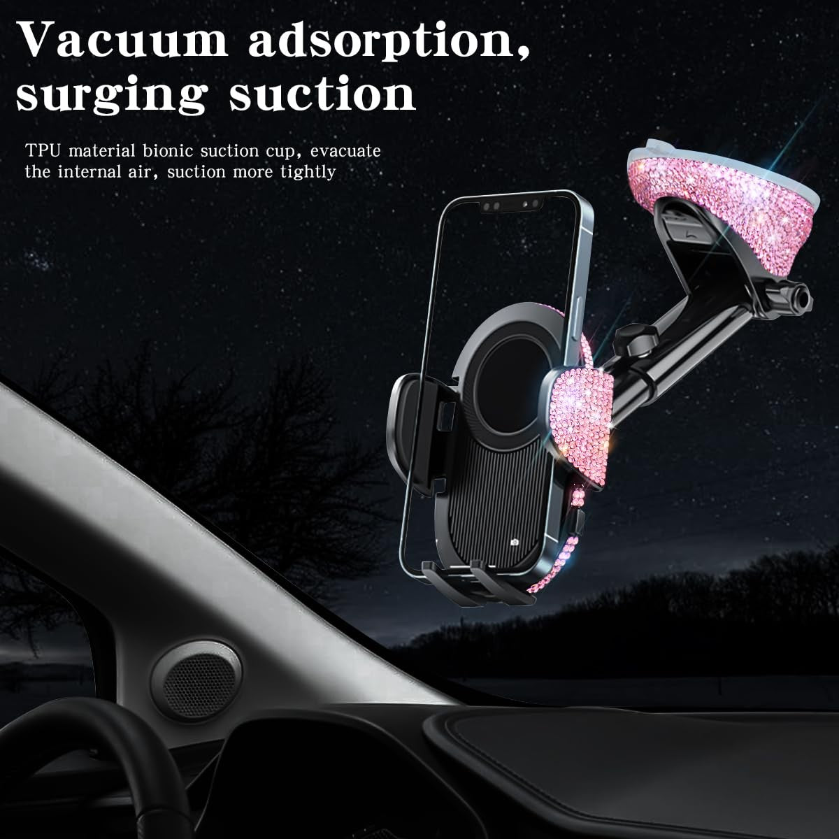 Erolagomat Bling cell phone holder for car with powerful suction, featuring rhinestone accents and rally racing design.