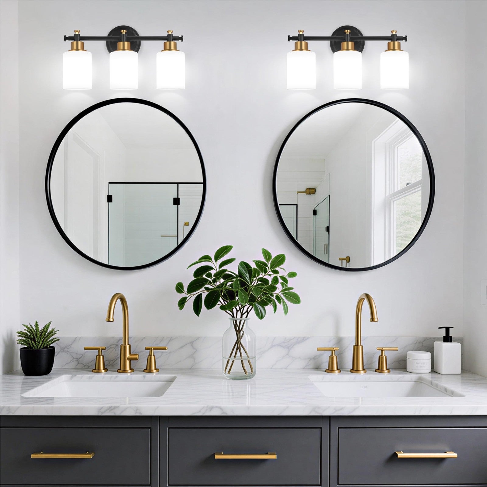 Imizdlum 3-light bathroom vanity light fixture with black and gold finish, featuring sleek modern design and exposed bulb sockets.