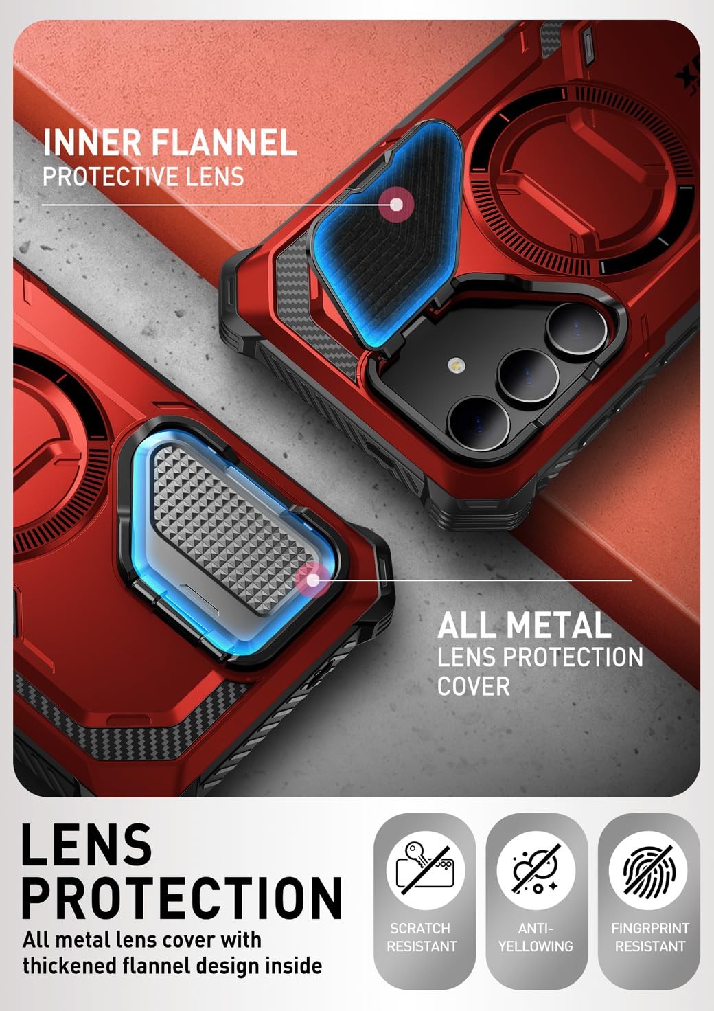 i-Blason S24 case with built-in screen protector, camera cover, stand, and MagSafe compatibility for iPhone.