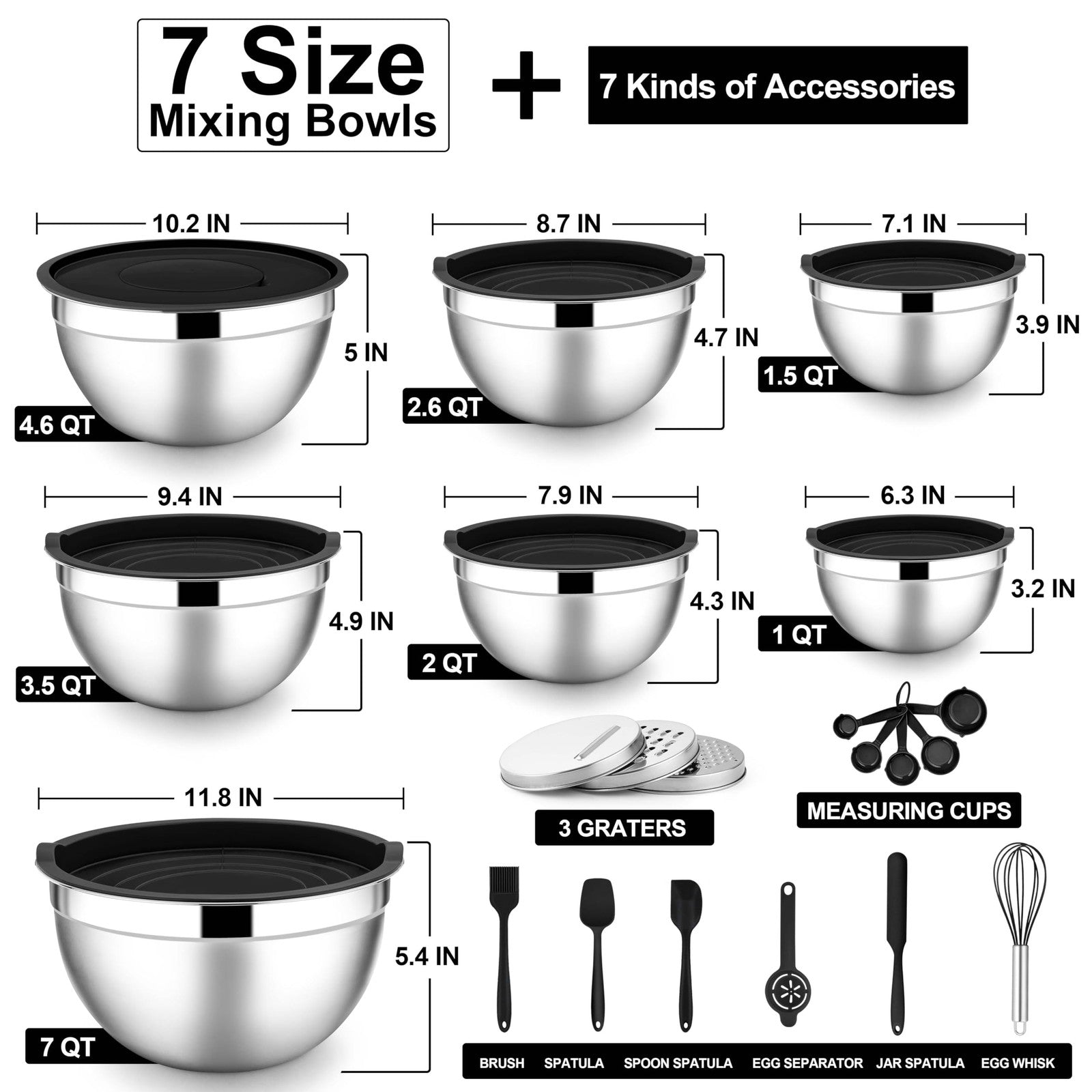 E-far 21-piece stainless steel mixing bowls set with lids, including salad bowls and storage containers for kitchen use.